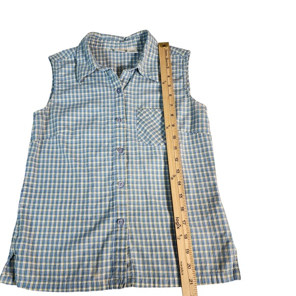 Arizona Jean Co Womens Medium Blue Yellow Plaid Sleeveless Cotton Button Shirt - Picture 3 of 6